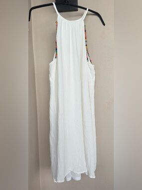 The Vanity Room White Sleeveless Dress Bead/Pom Pom Trim Lined Tropical Medium